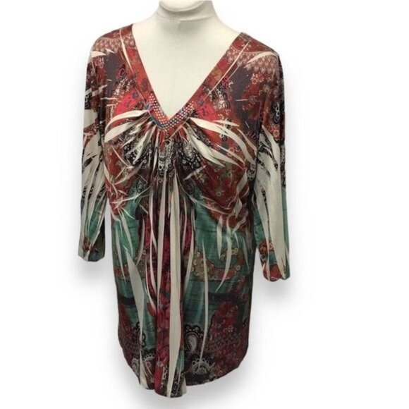 One World Women’s 3/4 Sleeve V Neck Sequin Tunic Top, Rust Floral, size 2X - Picture 1 of 8